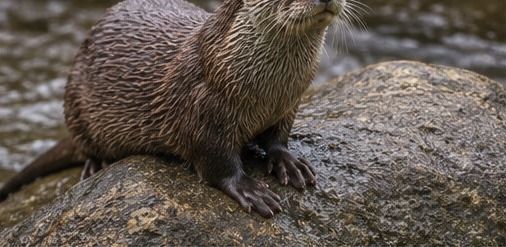 Illustration d'une loutre d'Europe sur un rocher au bord de l'eau, au Centro Lontra de Caramanico Terme.