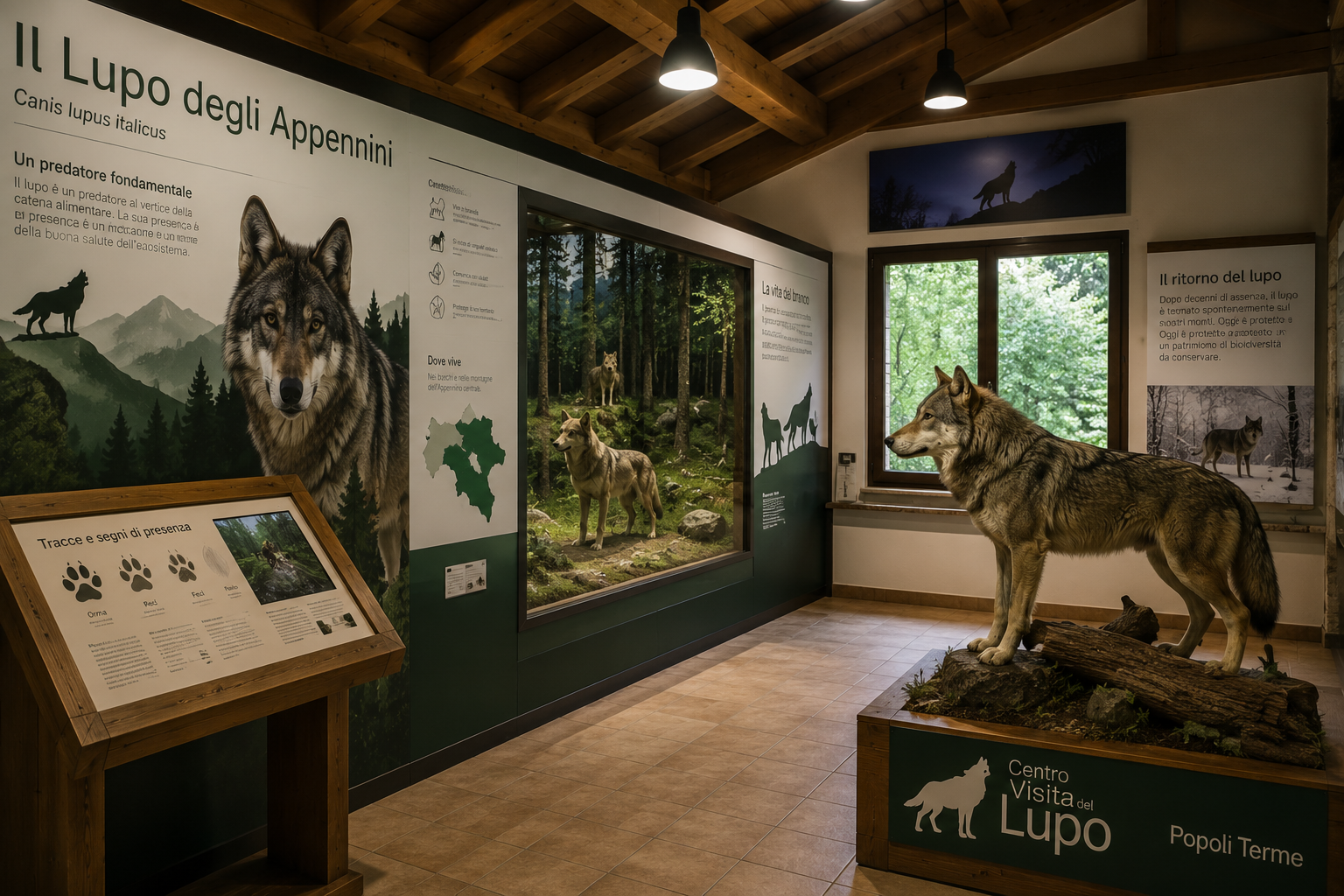 Exposition intérieure du Centro Visita del Lupo : panneaux pédagogiques sur le loup des Apennins et loup naturalisé.