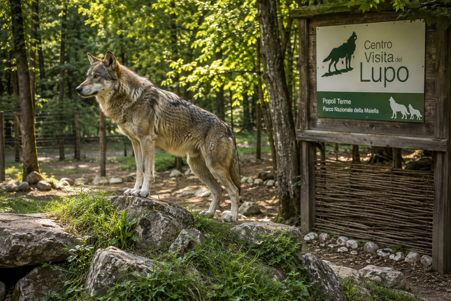 Loup des Apennins dans l'enclos du Centro Visita del Lupo, devant le panneau d'entrée du centre à Popoli Terme.
