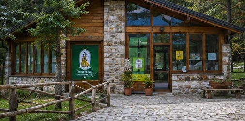 Illustration de l'entrée du Centro Visita di Pescasseroli, bâtiment en pierre et bois au milieu des arbres.