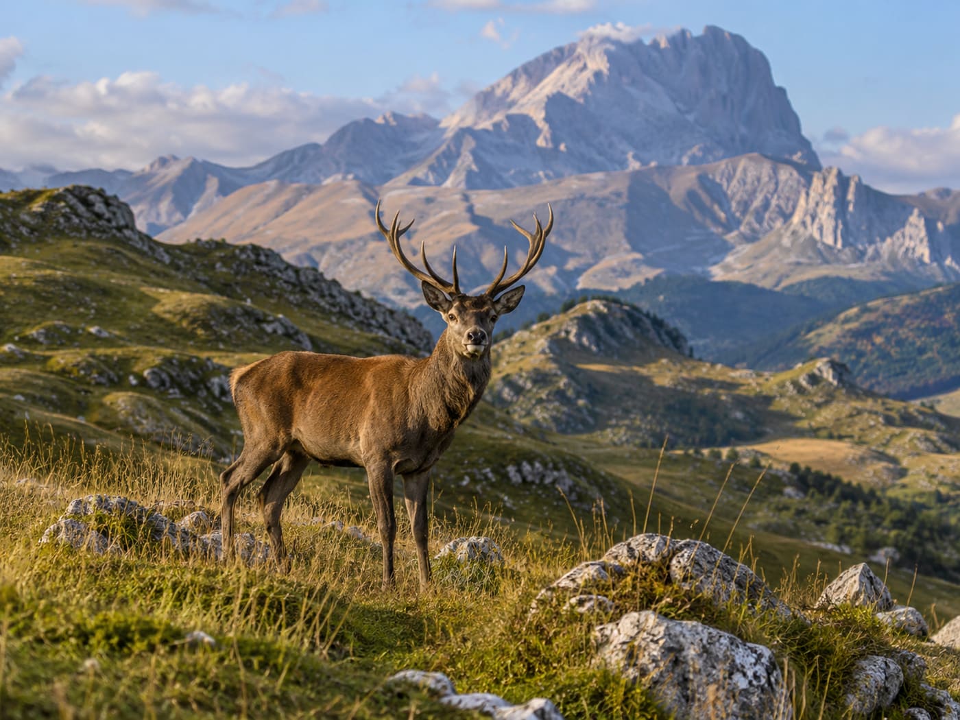 Illustration d'un cerf élaphe dans un paysage de montagne des Abruzzes.