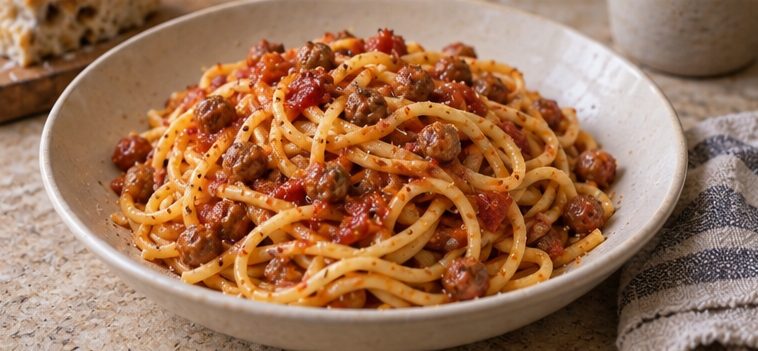 Chitarra alla teramana servie, avec sa sauce et ses petites pallottine