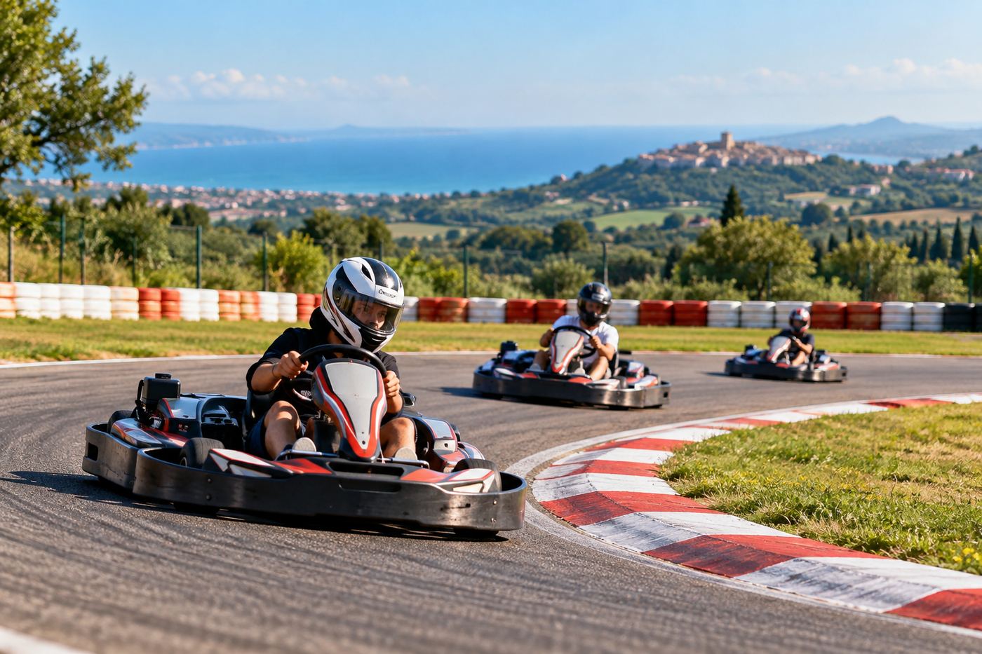 Illustration de karts sur un circuit en virage, avec vue sur la côte adriatique en arrière-plan.