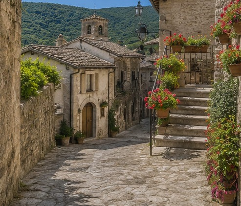 Illustration d'une ruelle pavée de Civitella Alfedena, façades de pierre fleuries de géraniums et clocher au fond.