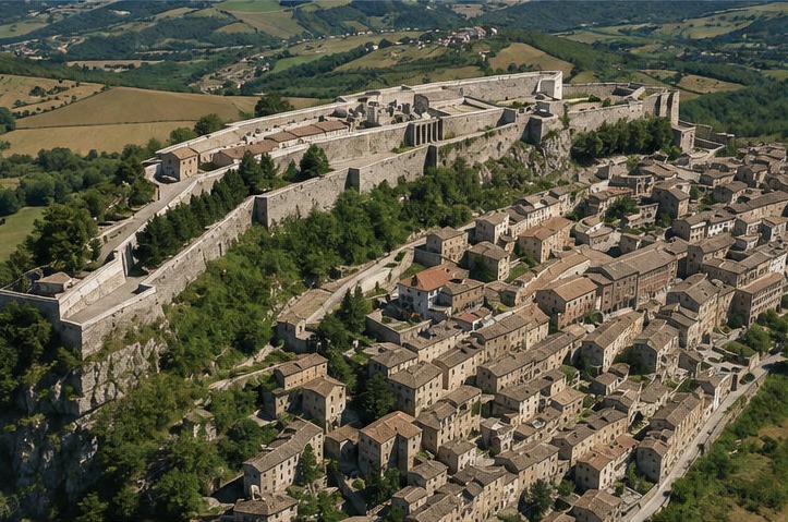 Vue aérienne de la forteresse de Civitella del Tronto et du village blotti à l'intérieur de ses remparts.
