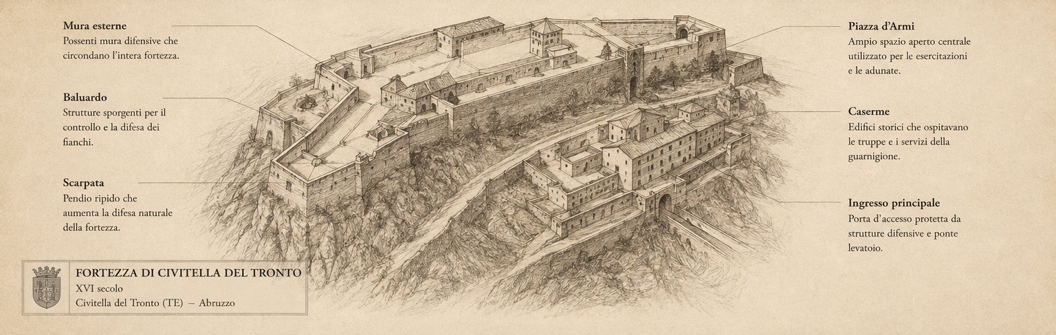 Croquis architectural annoté de la forteresse de Civitella del Tronto, présentant les mura esterne, le baluardo, la scarpata, la piazza d'armi, les caserme et l'ingresso principale.