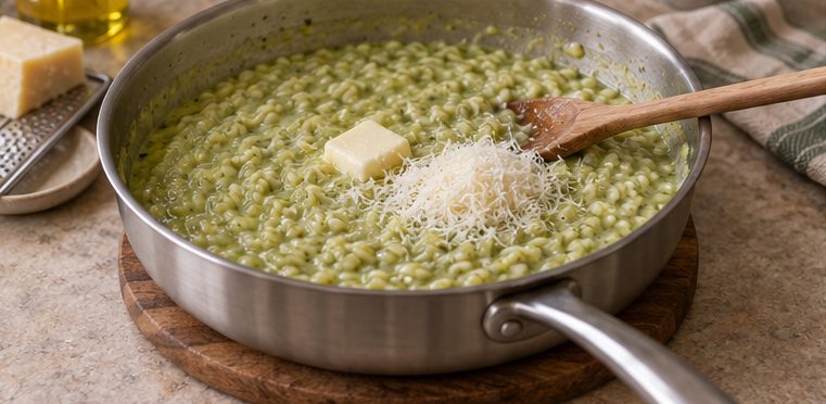 Beurre et parmesan ajoutés hors du feu