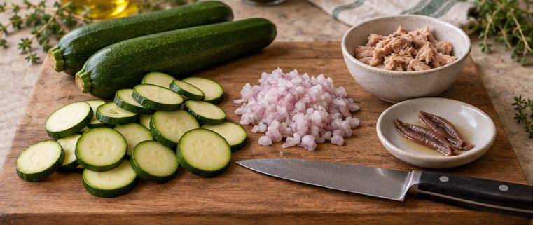 Courgettes en rondelles, échalote hachée, thon égoutté