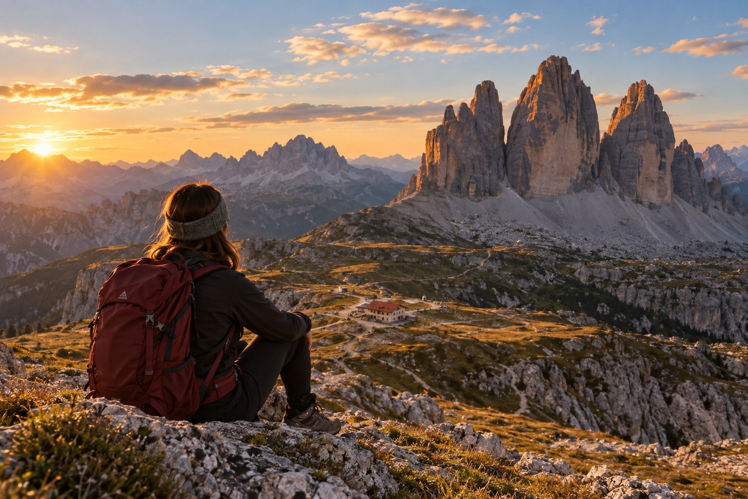 Une randonneuse assise face aux Tre Cime di Lavaredo, dans les Dolomites, au coucher du soleil.