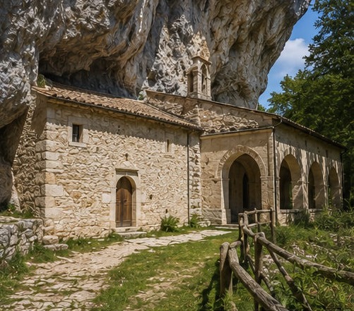 Illustration de l'Eremo di Santa Colomba, ermitage de pierre blotti sous un surplomb rocheux, entouré de verdure.