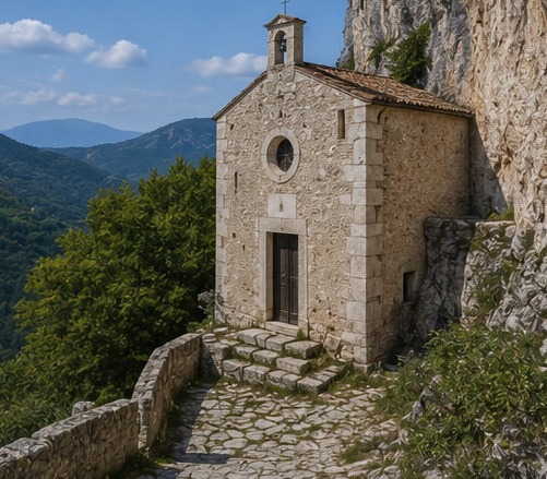 Illustration de l'Eremo di Santo Spirito a Majella, construit à même la paroi rocheuse.