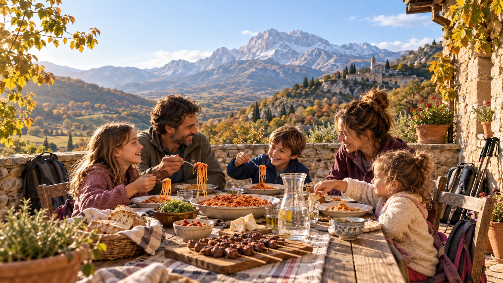Une famille attablée sur une terrasse en pierre, partageant pâtes et arrosticini, face aux montagnes automnales et à un village perché des Abruzzes.