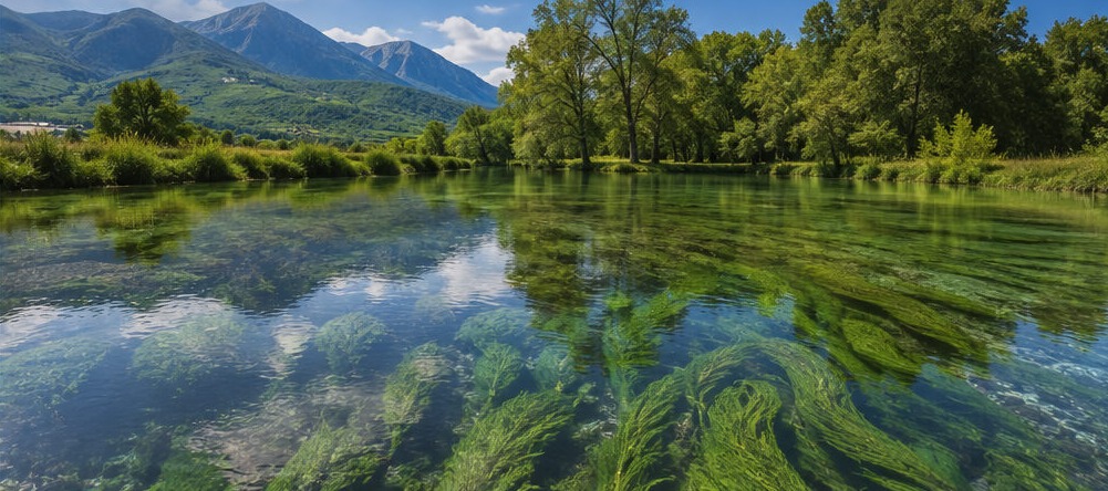 Illustration du Fiume Tirino, ses eaux limpides et ses herbiers aquatiques visibles sous la surface, face aux montagnes.