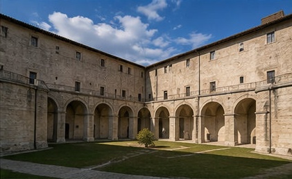 La cour intérieure à arcades du Forte Spagnolo, entourée de bâtiments en pierre.