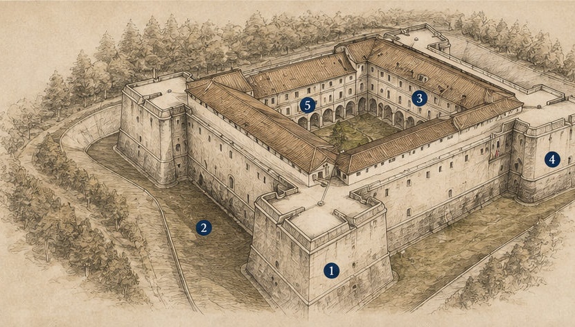 Croquis architectural annoté du Forte Spagnolo, présentant les bastions angulaires, le fossé sec, le corps central, le pont d'accès et la cour intérieure.