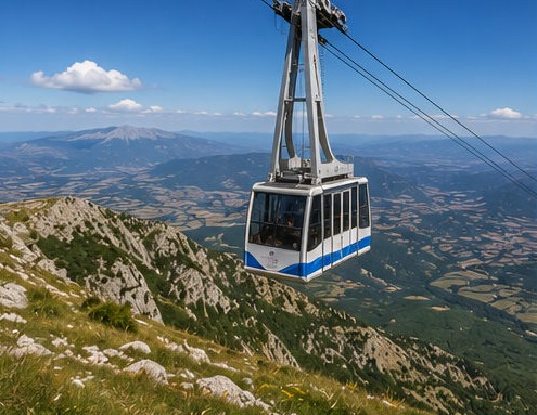 Illustration de la cabine de la Funivia del Gran Sasso survolant les crêtes rocheuses, vue sur la plaine en contrebas.