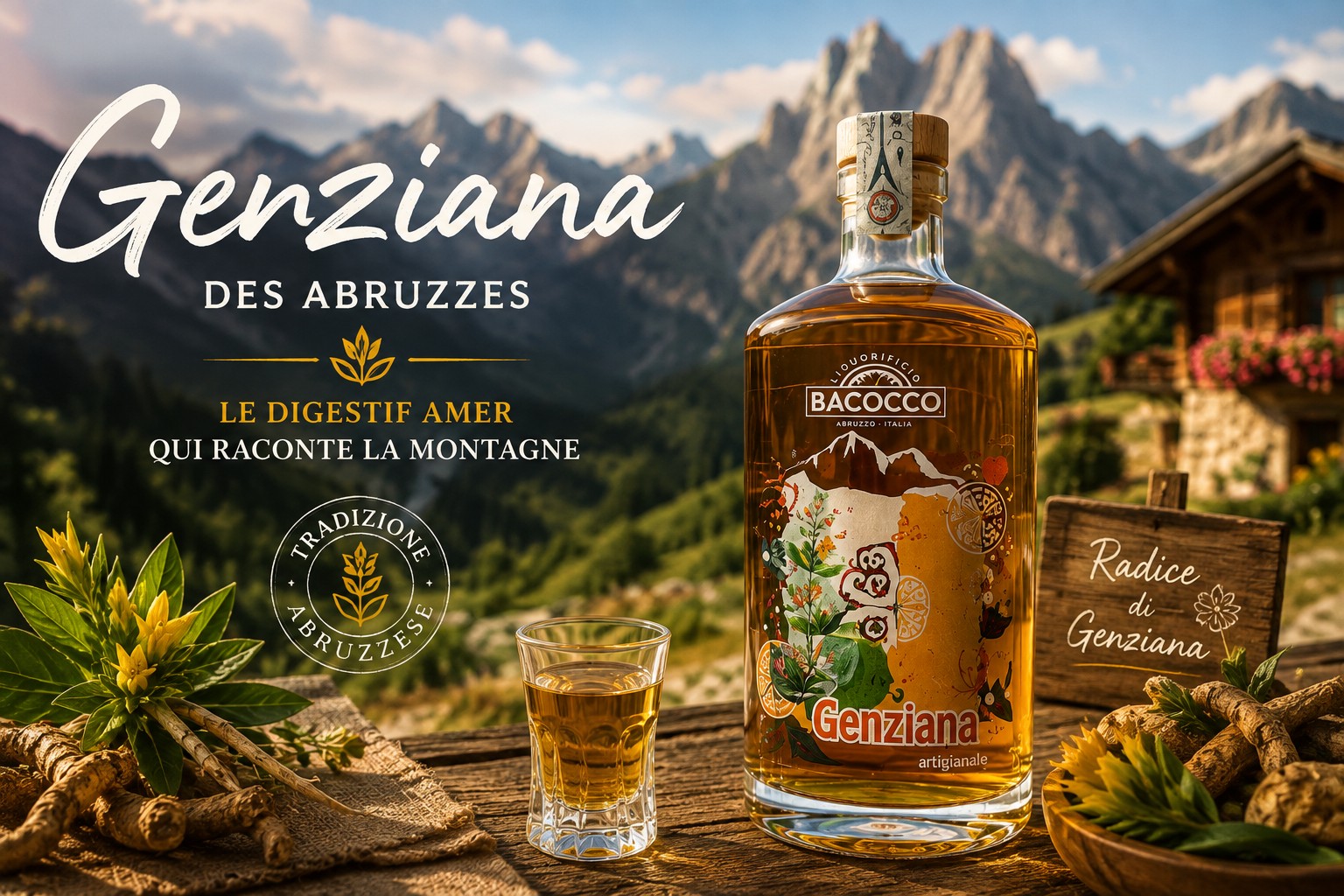 Une bouteille de genziana artisanale et son petit verre, entourés de racines et de fleurs de gentiane, avec les montagnes des Abruzzes en arrière-plan.