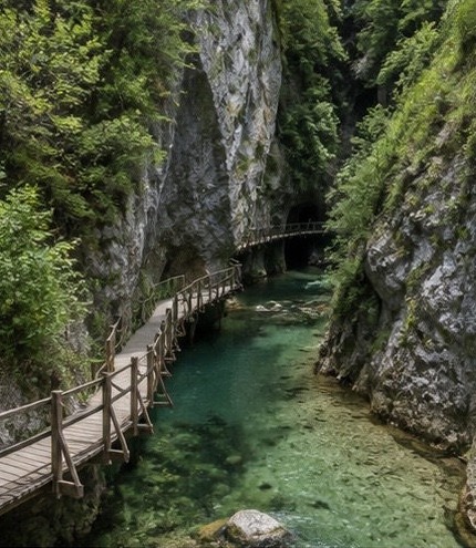 Illustration des Gole di Celano, passerelle en bois longeant l'eau turquoise entre les parois calcaires de la gorge.
