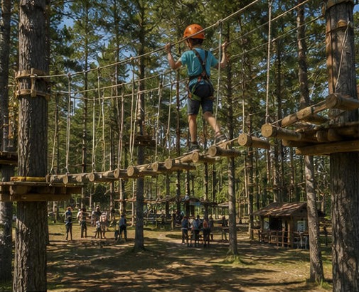 Illustration d'un enfant casqué traversant un parcours suspendu dans les arbres au Gran Sasso Adventure Park.