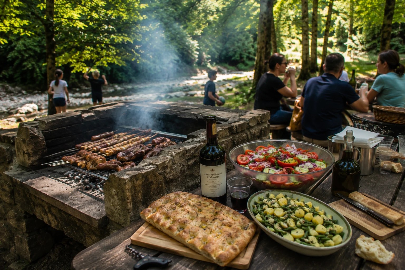 Une grigliata en famille au bord d'une rivière dans les Abruzzes : brochettes et arrosticini sur un barbecue en pierre, focaccia, salades, vin, et des enfants qui jouent au bord de l'eau en arrière-plan.