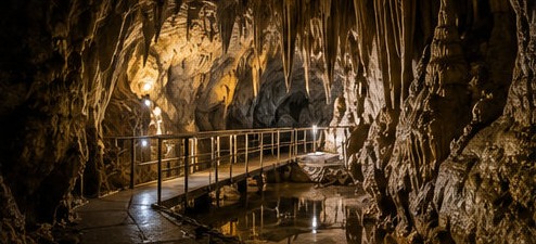 Illustration de la Grotta del Cavallone, passerelle traversant la vaste salle souterraine entre stalactites et bassin d'eau.