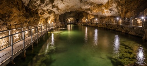 Illustration des Grotte di Beatrice Cenci, passerelle longeant le bassin d'eau verte au fond de la cavité.