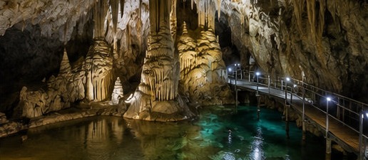 Illustration des Grotte di Stiffe, passerelle longeant la rivière souterraine turquoise entre les concrétions calcaires.