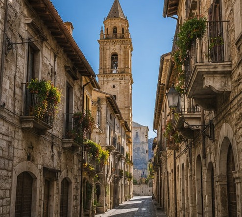 Illustration d'une ruelle de Guardiagrele bordée de façades de pierre et de balcons fleuris, avec le campanile en perspective.