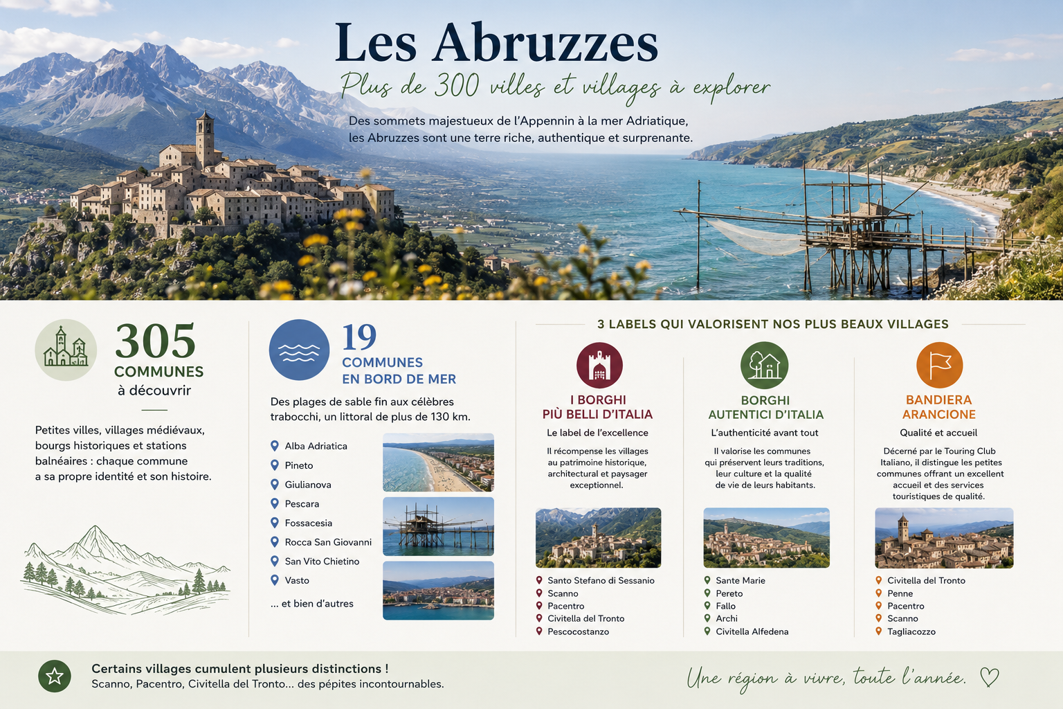 Infographie « Les Abruzzes, plus de 300 villes et villages à explorer » : un village perché dominant la côte adriatique et un trabocco, avec les chiffres clés (305 communes, 19 communes en bord de mer) et les trois labels I Borghi più belli d'Italia, Borghi Autentici d'Italia et Bandiera Arancione.