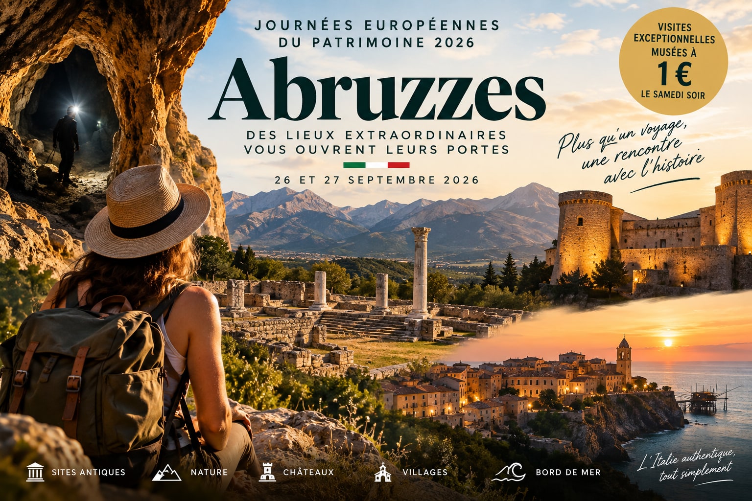 Affiche des Journées européennes du patrimoine 2026 dans les Abruzzes : une randonneuse face à des ruines romaines et aux montagnes, une forteresse et un village côtier au coucher du soleil, 26 et 27 septembre, visites à 1 € le samedi soir.