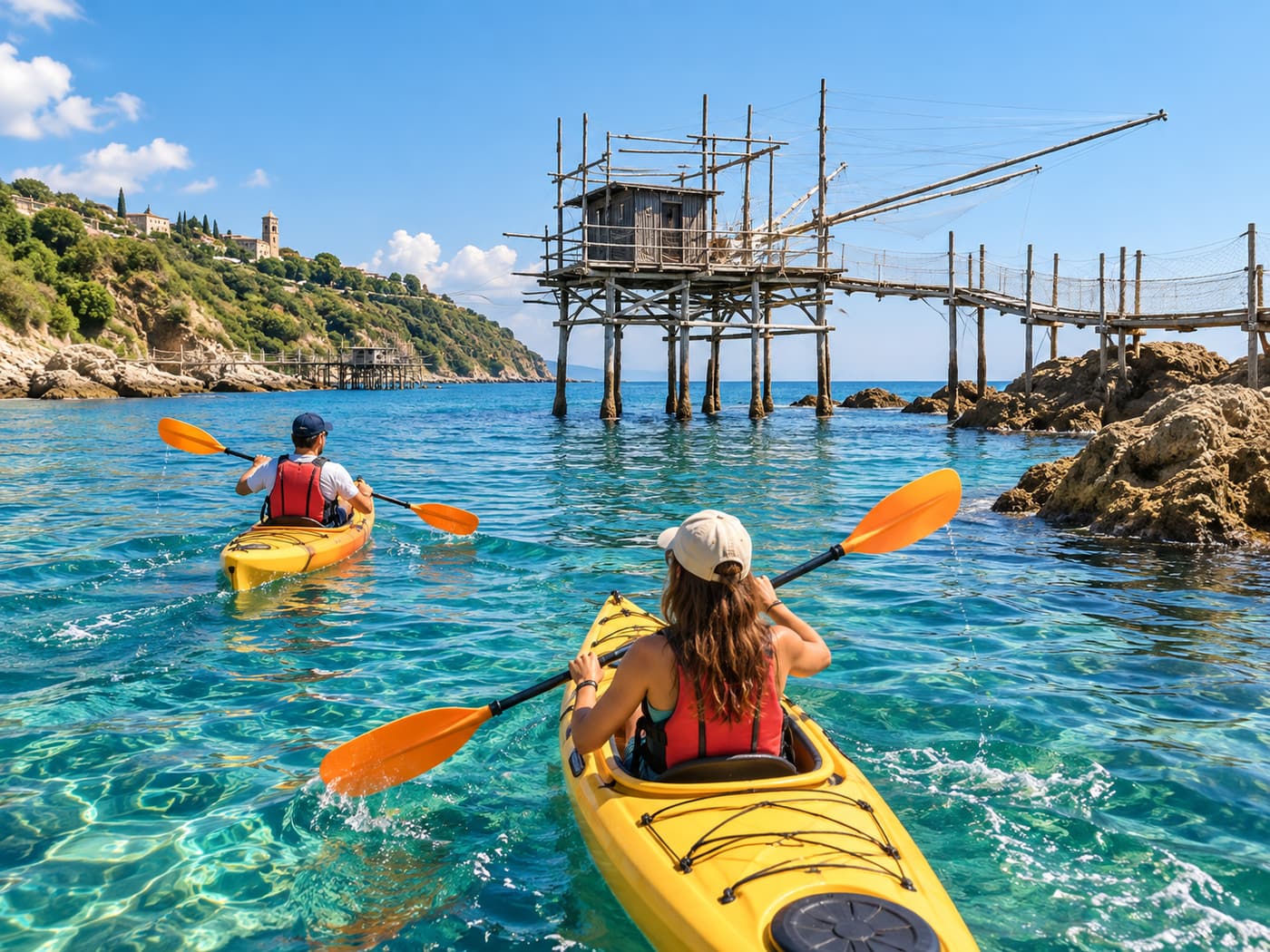 Illustration : deux kayakistes pagaient vers un trabocco sur pilotis, au large de la Costa dei Trabocchi.