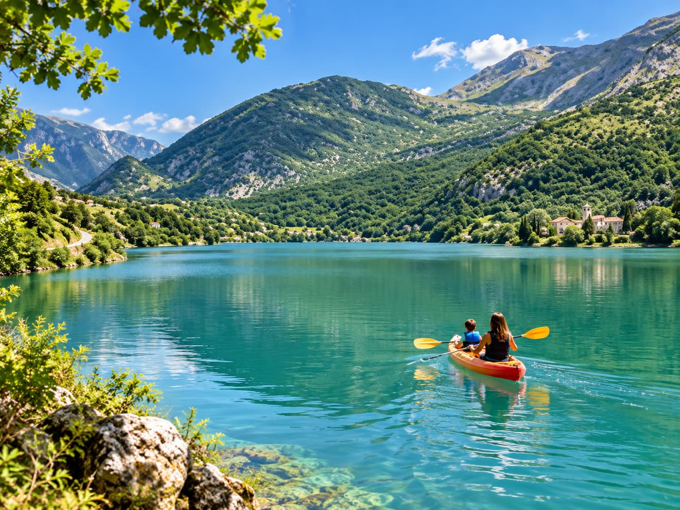 Illustration du lac de Scanno vu depuis une embarcation, montagnes environnantes et village sur la rive opposée.