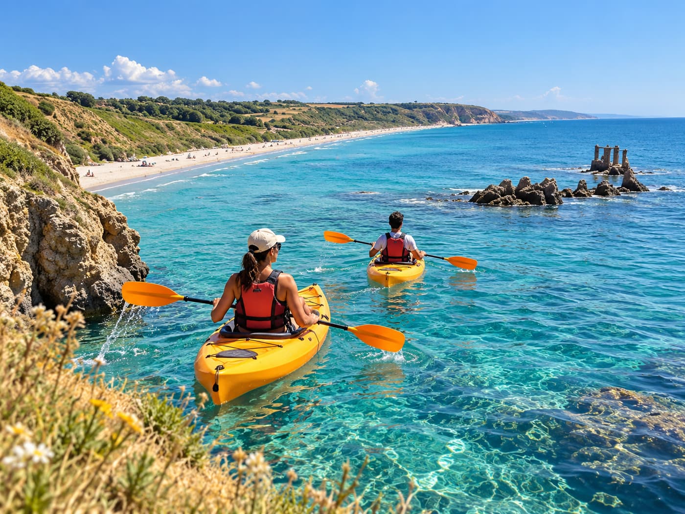 Illustration : deux kayakistes longent la côte sauvage de Punta Aderci, falaises, plage et réserve naturelle en arrière-plan.