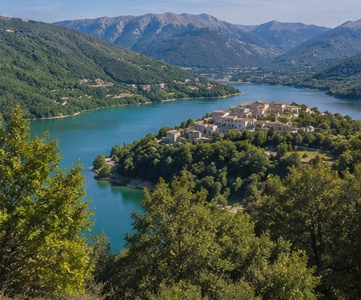 Illustration aérienne du lac de Barrea et du village niché sur sa presqu'île, montagnes du Parc national des Abruzzes en arrière-plan.