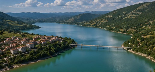 Illustration aérienne du lac de Bomba, son pont enjambant l'eau turquoise et le village sur la rive.