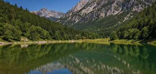 Illustration du lac de Capodacqua, ses eaux calmes reflétant les montagnes environnantes.