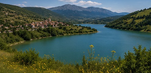 Illustration du lac de Sant'Angelo, le village de Casoli sur ses rives et les collines boisées en arrière-plan.