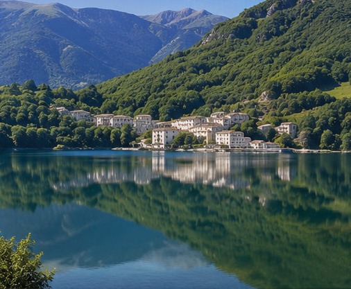 Illustration du lac de Scanno et du village reflétés dans l'eau calme, entourés de montagnes boisées.