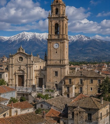 Illustration du centre historique de Lanciano, sa cathédrale et son campanile, face aux montagnes enneigées de la Majella.