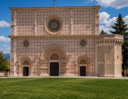 Illustration de la façade de la Basilique Santa Maria di Collemaggio à L'Aquila, avec sa mosaïque géométrique en pierre rose et blanche.
