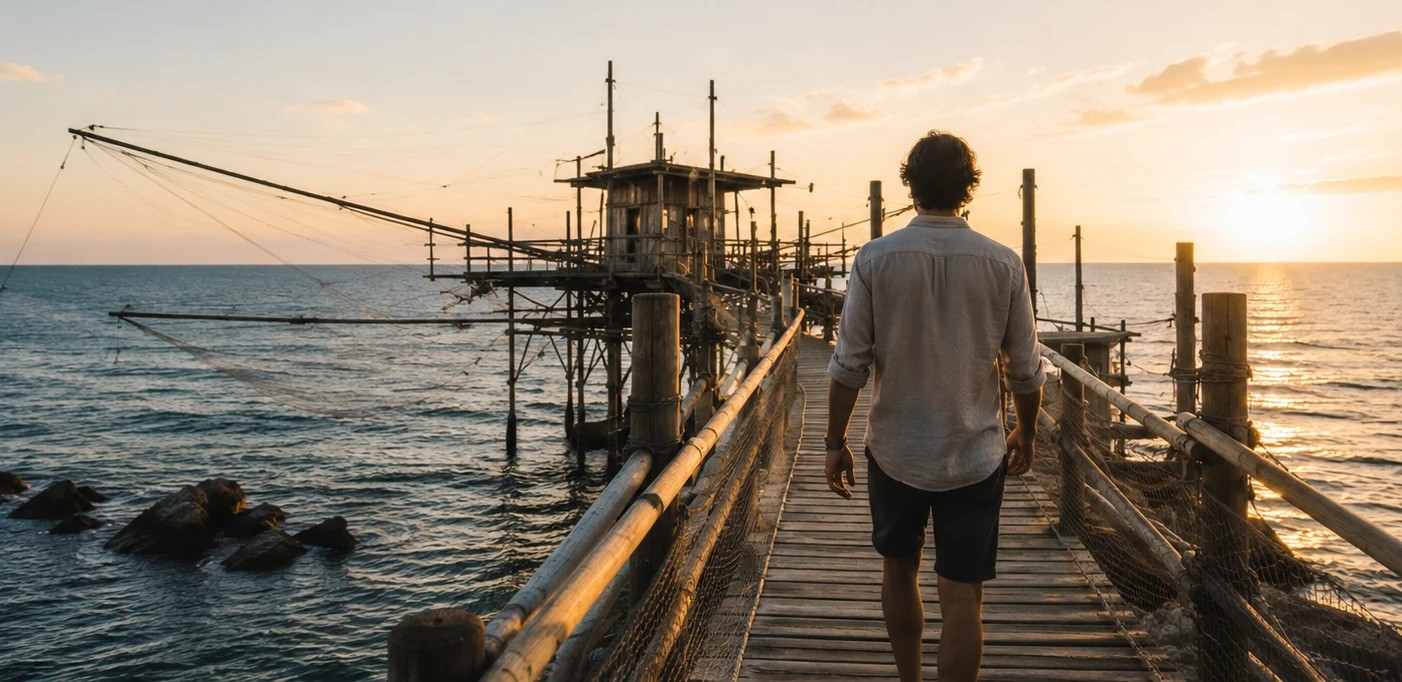 Illustration d'un homme de dos avançant sur la passerelle en bois d'un trabocco face au coucher du soleil sur l'Adriatique.
