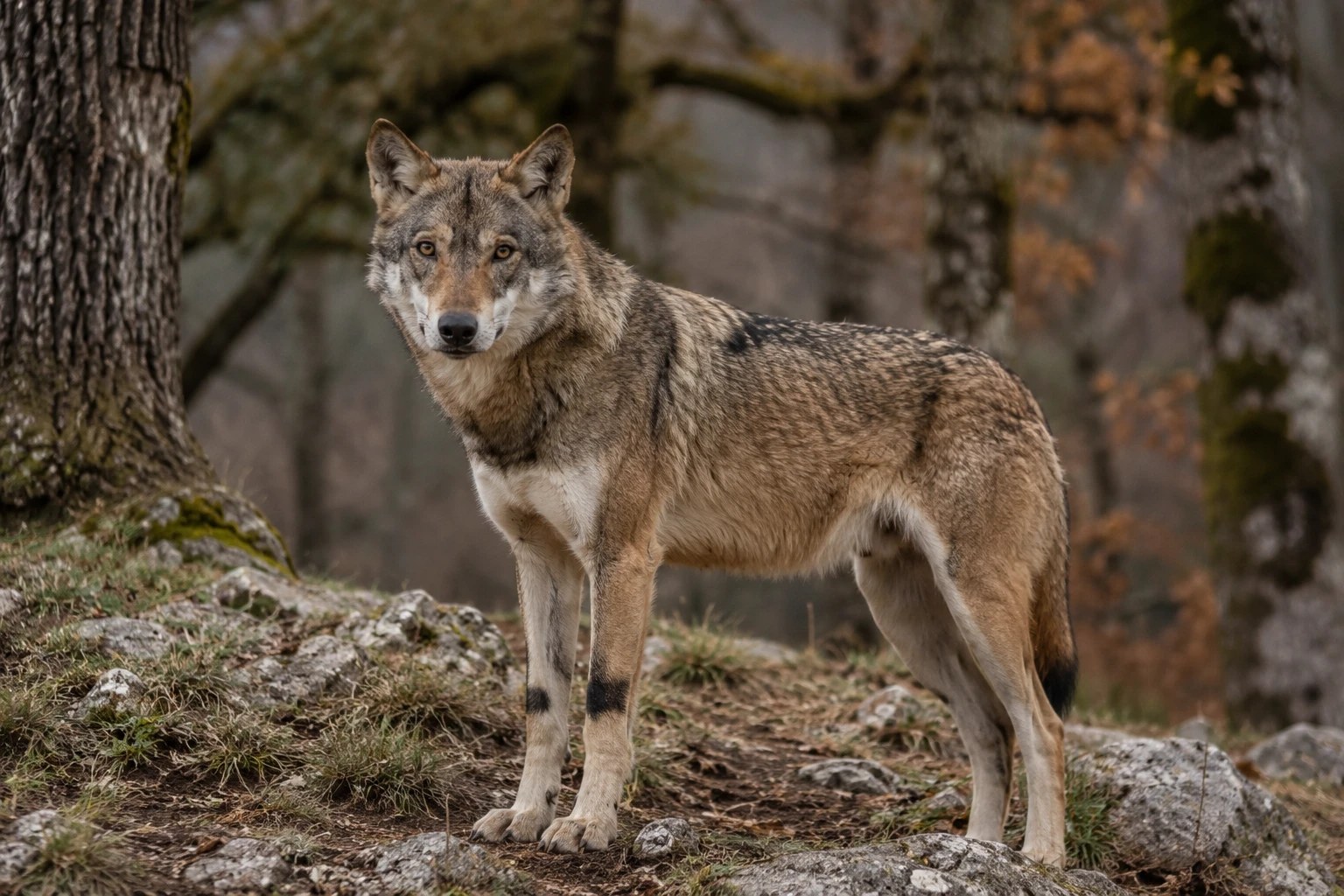 Un loup des Apennins debout sur un affleurement rocheux, regardant l'objectif au milieu d'une forêt aux couleurs d'automne.