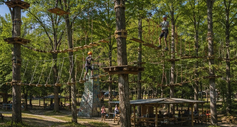Illustration d'enfants sur les parcours suspendus et le mur d'escalade du Majagreen Adventure Park, dans la forêt de Caramanico Terme.