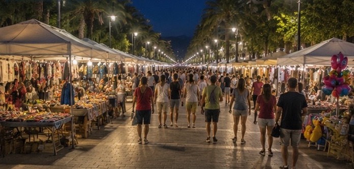 Illustration du marché du soir d'Alba Adriatica sur le lungomare, étals et promeneurs sous les palmiers illuminés.