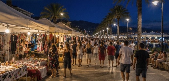 Illustration du marché d'été de Giulianova en soirée, étals éclairés sous les palmiers en bord de mer.