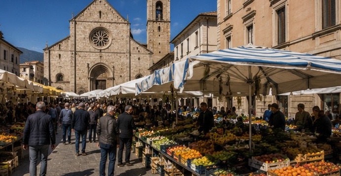 Illustration du marché de Sulmona sur la place, étals colorés face à la cathédrale.