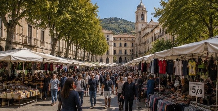 Illustration du marché de Teramo dans une rue bordée d'arbres, étals de vêtements et de produits locaux.