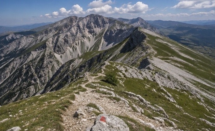 Illustration de la crête rocheuse menant au Monte Amaro, vue depuis le sentier côté Sant'Eufemia a Maiella.