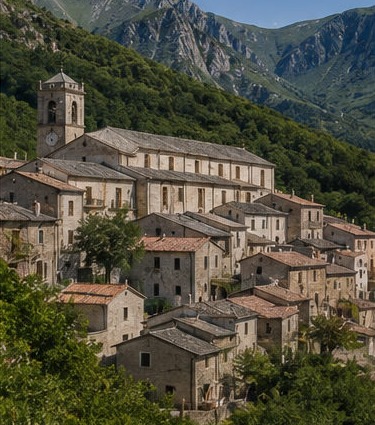 Illustration du village d'Opi niché au creux des montagnes du Parc national d'Abruzzo, Lazio e Molise.