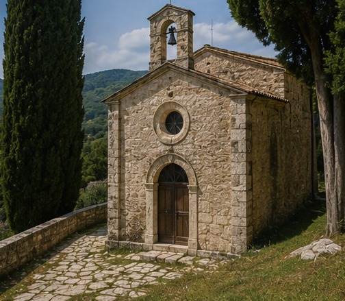 Illustration de la façade de l'Oratorio di San Pellegrino à Bominaco, son campanile et sa rosace, face à la vallée.